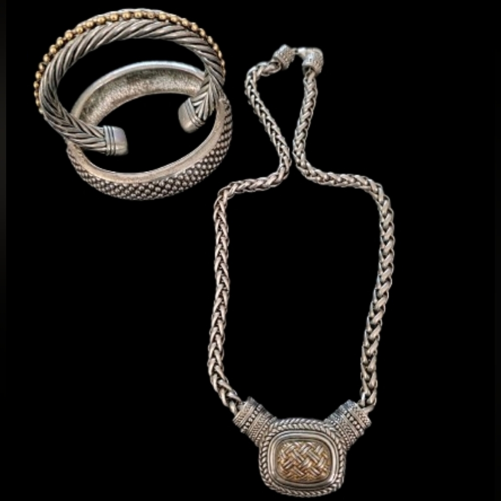 π£ Vintage Set Cable Cut Bold Silver/Gold Tone Cuff 1 Necklace & Bracelets x3 π - Picture 11 of 13